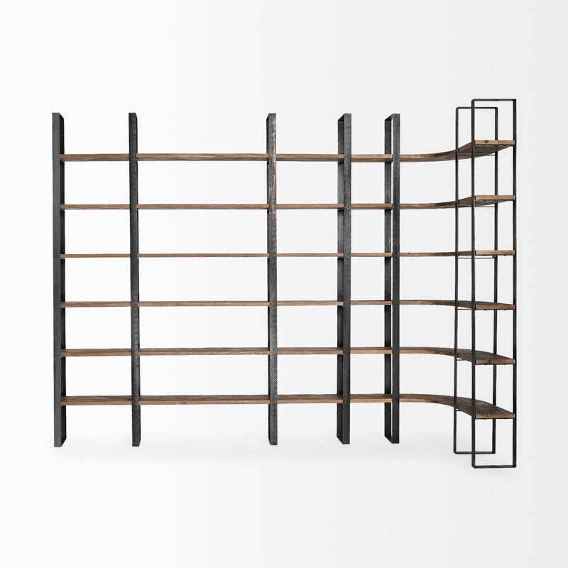 Curved Dark Brown Wood And Black Iron 6 Shelving Unit