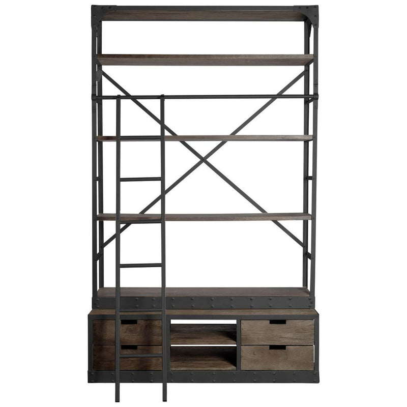 Brown Wood Shelving Unit with Gun Metal Ladder and 4 Shelves